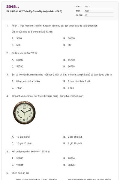 Đề thi Cuối kì 2 Toán lớp 3 có đáp án (cơ bản - Đề 3)
