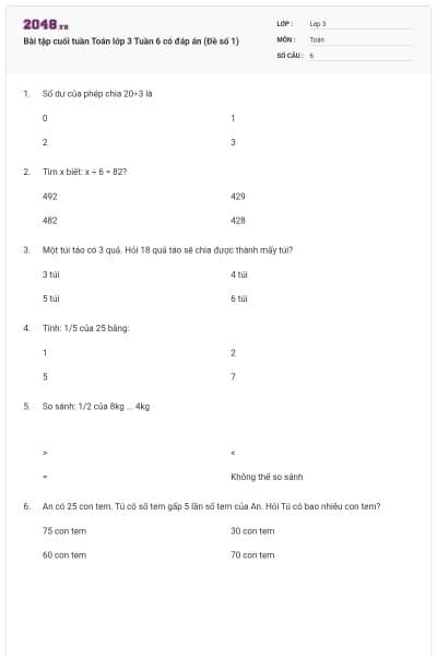 Bài tập cuối tuần Toán lớp 3 Tuần 6 có đáp án (Đề số 1)
