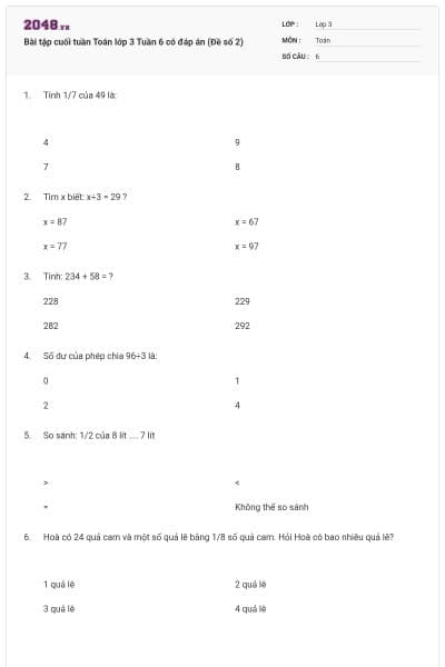 Bài tập cuối tuần Toán lớp 3 Tuần 6 có đáp án (Đề số 2)