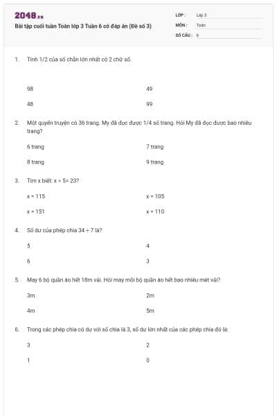 Bài tập cuối tuần Toán lớp 3 Tuần 6 có đáp án (Đề số 3)