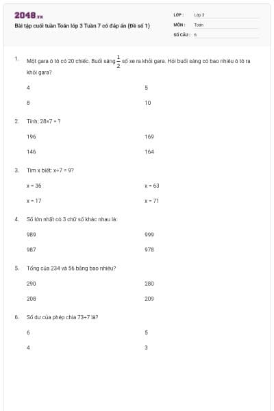 Bài tập cuối tuần Toán lớp 3 Tuần 7 có đáp án (Đề số 1)