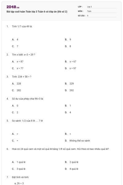 Bài tập cuối tuần Toán lớp 3 Tuần 6 có đáp án (Đề số 2)