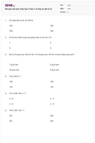 Bài tập cuối tuần Toán lớp 3 Tuần 7 có đáp án (Đề số 2)