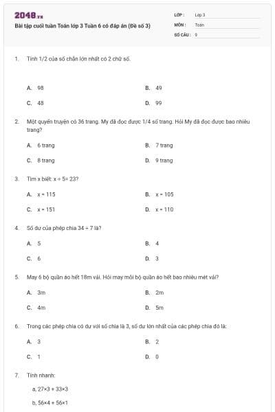 Bài tập cuối tuần Toán lớp 3 Tuần 6 có đáp án (Đề số 3)