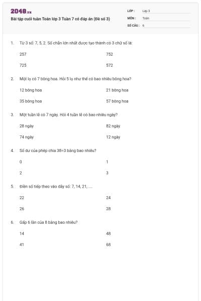 Bài tập cuối tuần Toán lớp 3 Tuần 7 có đáp án (Đề số 3)