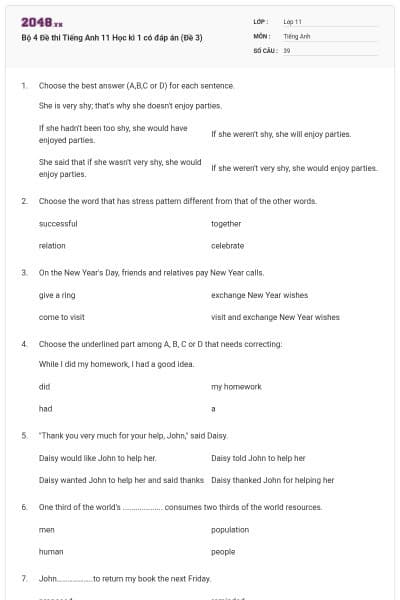 Bộ 4 Đề thi Tiếng Anh 11 Học kì 1 có đáp án (Đề 3)
