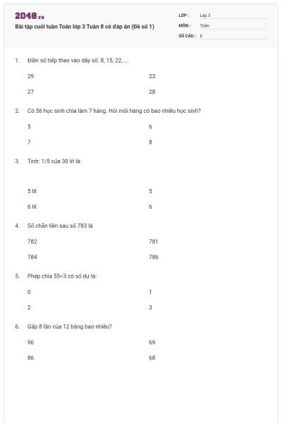 Bài tập cuối tuần Toán lớp 3 Tuần 8 có đáp án (Đề số 1)