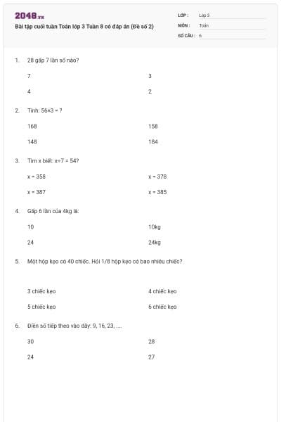 Bài tập cuối tuần Toán lớp 3 Tuần 8 có đáp án (Đề số 2)