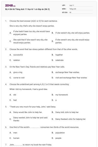 Bộ 4 Đề thi Tiếng Anh 11 Học kì 1 có đáp án (Đề 3)