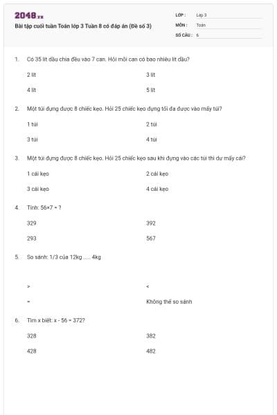 Bài tập cuối tuần Toán lớp 3 Tuần 8 có đáp án (Đề số 3)
