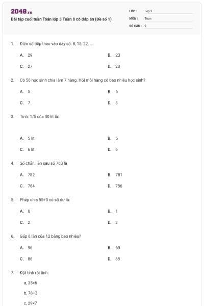 Bài tập cuối tuần Toán lớp 3 Tuần 8 có đáp án (Đề số 1)