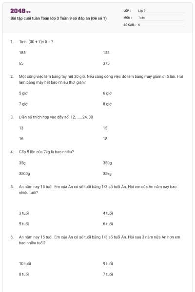 Bài tập cuối tuần Toán lớp 3 Tuần 9 có đáp án (Đề số 1)