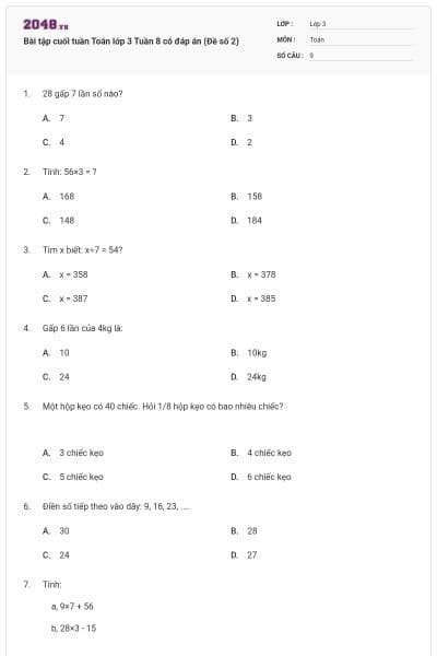 Bài tập cuối tuần Toán lớp 3 Tuần 8 có đáp án (Đề số 2)