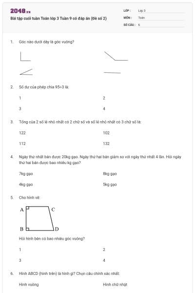 Bài tập cuối tuần Toán lớp 3 Tuần 9 có đáp án (Đề số 2)