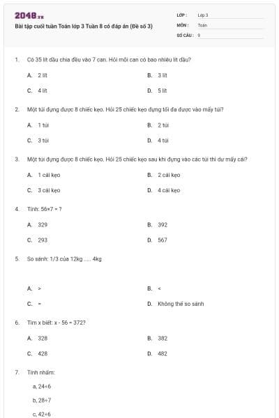 Bài tập cuối tuần Toán lớp 3 Tuần 8 có đáp án (Đề số 3)