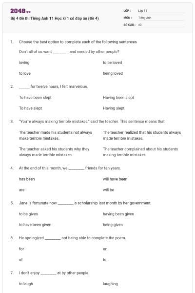 Bộ 4 Đề thi Tiếng Anh 11 Học kì 1 có đáp án (Đề 4)