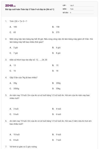 Bài tập cuối tuần Toán lớp 3 Tuần 9 có đáp án (Đề số 1)