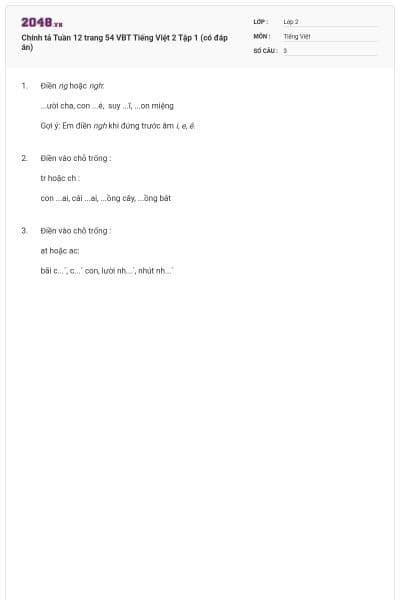 Chính tả Tuần 12 trang 54 VBT Tiếng Việt 2 Tập 1 (có đáp án)