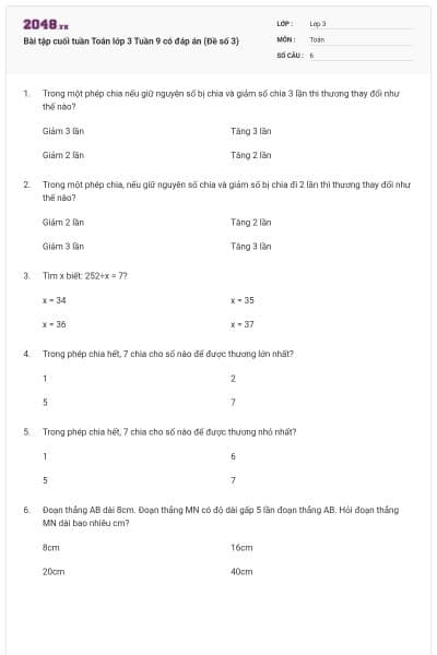 Bài tập cuối tuần Toán lớp 3 Tuần 9 có đáp án (Đề số 3)