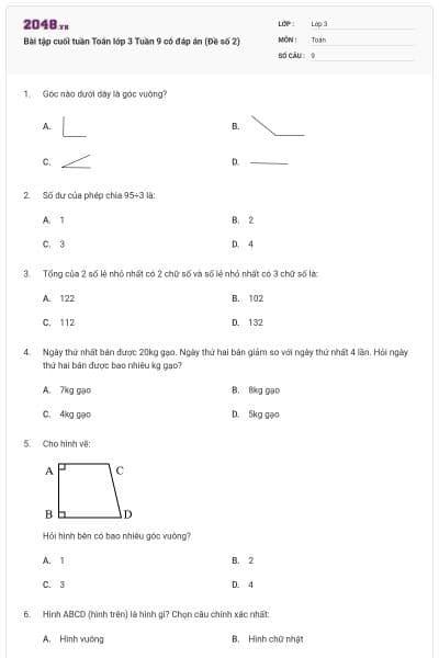 Bài tập cuối tuần Toán lớp 3 Tuần 9 có đáp án (Đề số 2)