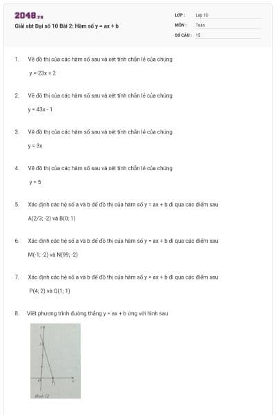 Giải sbt Đại số 10 Bài 2: Hàm số y = ax + b