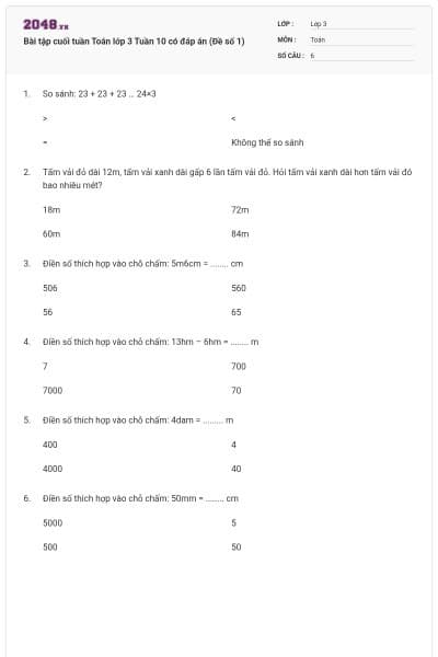 Bài tập cuối tuần Toán lớp 3 Tuần 10 có đáp án (Đề số 1)