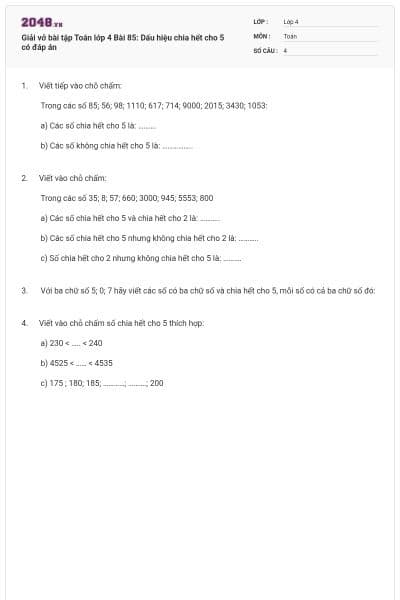 Giải vở bài tập Toán lớp 4 Bài 85: Dấu hiệu chia hết cho 5 có đáp án