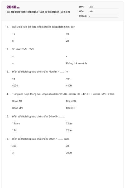 Bài tập cuối tuần Toán lớp 3 Tuần 10 có đáp án (Đề số 2)