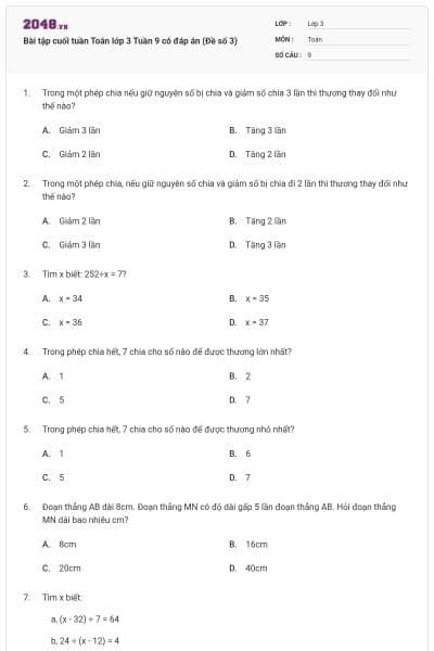 Bài tập cuối tuần Toán lớp 3 Tuần 9 có đáp án (Đề số 3)