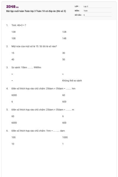 Bài tập cuối tuần Toán lớp 3 Tuần 10 có đáp án (Đề số 3)