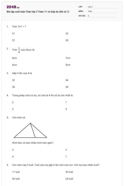 Bài tập cuối tuần Toán lớp 3 Tuần 11 có đáp án (Đề số 1)