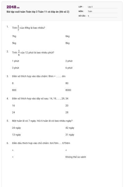 Bài tập cuối tuần Toán lớp 3 Tuần 11 có đáp án (Đề số 2)