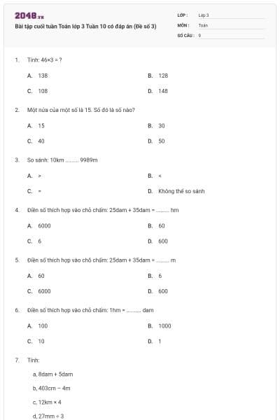 Bài tập cuối tuần Toán lớp 3 Tuần 10 có đáp án (Đề số 3)