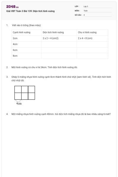 Giải VBT Toán 3 Bài 139: Diện tích hình vuông