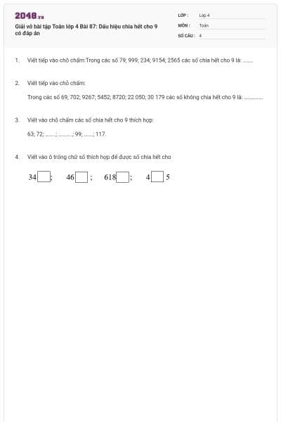Giải vở bài tập Toán lớp 4 Bài 87: Dấu hiệu chia hết cho 9 có đáp án