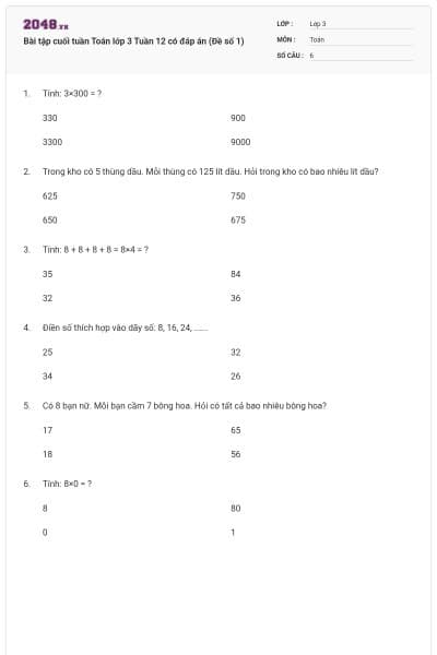 Bài tập cuối tuần Toán lớp 3 Tuần 12 có đáp án (Đề số 1)
