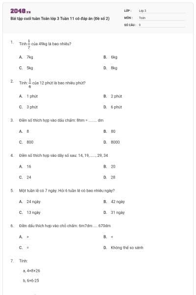 Bài tập cuối tuần Toán lớp 3 Tuần 11 có đáp án (Đề số 2)