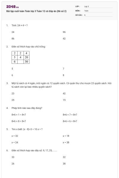 Bài tập cuối tuần Toán lớp 3 Tuần 12 có đáp án (Đề số 2)