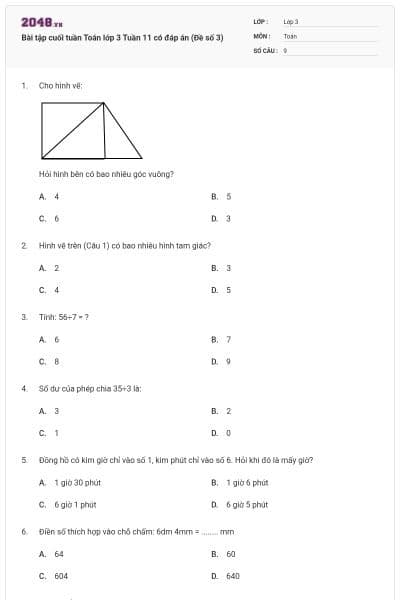Bài tập cuối tuần Toán lớp 3 Tuần 11 có đáp án (Đề số 3)