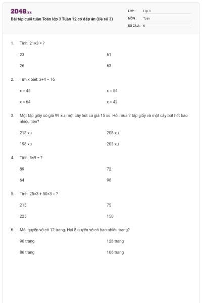 Bài tập cuối tuần Toán lớp 3 Tuần 12 có đáp án (Đề số 3)