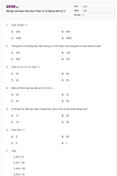 Bài tập cuối tuần Toán lớp 3 Tuần 12 có đáp án (Đề số 1)