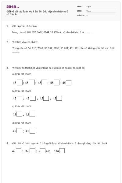 Giải vở bài tập Toán lớp 4 Bài 88: Dấu hiệu chia hết cho 3 có đáp án