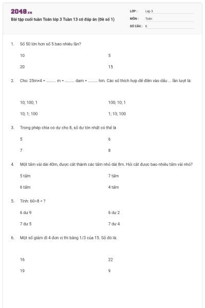 Bài tập cuối tuần Toán lớp 3 Tuần 13 có đáp án (Đề số 1)