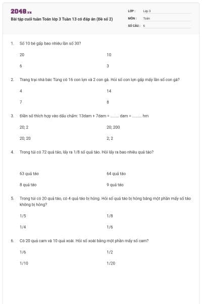 Bài tập cuối tuần Toán lớp 3 Tuần 13 có đáp án (Đề số 2)