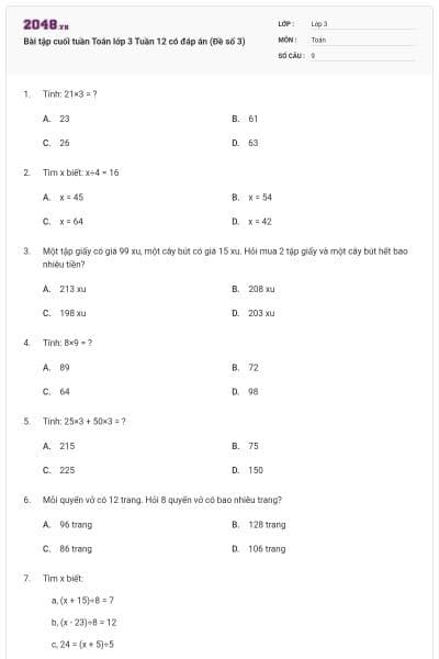 Bài tập cuối tuần Toán lớp 3 Tuần 12 có đáp án (Đề số 3)