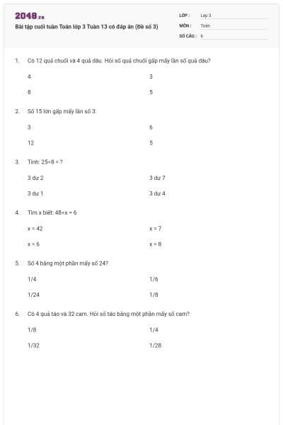 Bài tập cuối tuần Toán lớp 3 Tuần 13 có đáp án (Đề số 3)