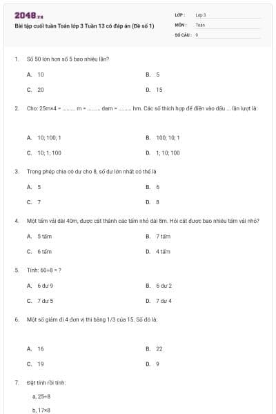 Bài tập cuối tuần Toán lớp 3 Tuần 13 có đáp án (Đề số 1)
