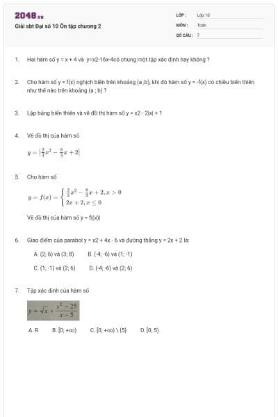 Giải sbt Đại số 10 Ôn tập chương 2