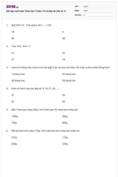 Bài tập cuối tuần Toán lớp 3 Tuần 14 có đáp án (Đề số 1)