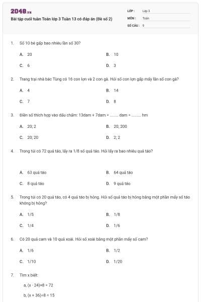 Bài tập cuối tuần Toán lớp 3 Tuần 13 có đáp án (Đề số 2)